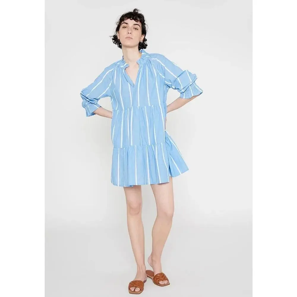Wild Pony‎ Tiered Babydoll Mini Dress Blue White Stripe Cotton Size S Small